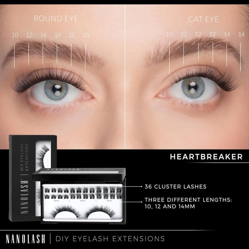Nanolash DIY Eyelash Extensions 36 pcs - cluster lashes DIY, cluster false eyelashes for lash extensions at home, individual cluster lashes (HEARTBREAKER) - Eyelash Extensions - British D'sire