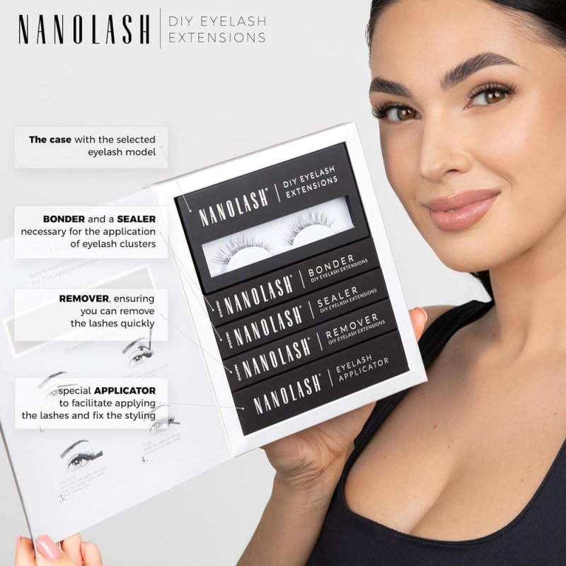 Nanolash DIY Eyelash Extensions Starter Kit - cluster lashes with bonder, sealer, remover, apllicator, home lash extensions kit (HARMONY) - Eyelash Extensions kit - British D'sire