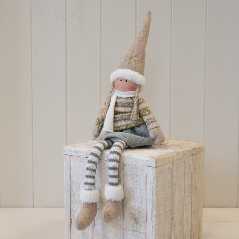 Natural and Grey Fabric Girl Christmas Doll in Winter Sweater - Christmas Decor - British D'sire
