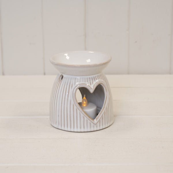 Natural Ceramic Oil Burner With Cut Out Heart Detail - Candle Holder - British D'sire
