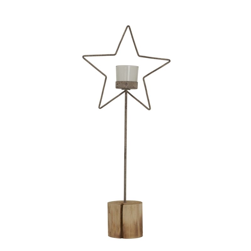 Natural Rustic Star On Wood Stand With Glass Votive - Christmas Decor - British D'sire