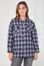 Navy Checkered Button - Up Shirt – Casual Oversized - blouse - British D'sire