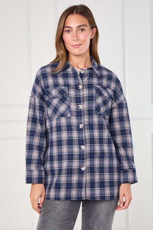 Navy Checkered Button - Up Shirt – Casual Oversized - blouse - British D'sire