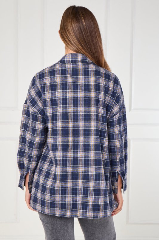 Navy Checkered Button - Up Shirt – Casual Oversized - blouse - British D'sire