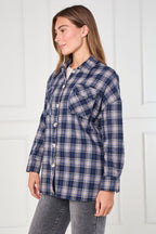 Navy Checkered Button - Up Shirt – Casual Oversized - blouse - British D'sire