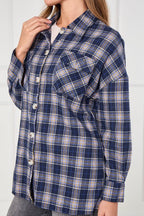 Navy Checkered Button - Up Shirt – Casual Oversized - blouse - British D'sire