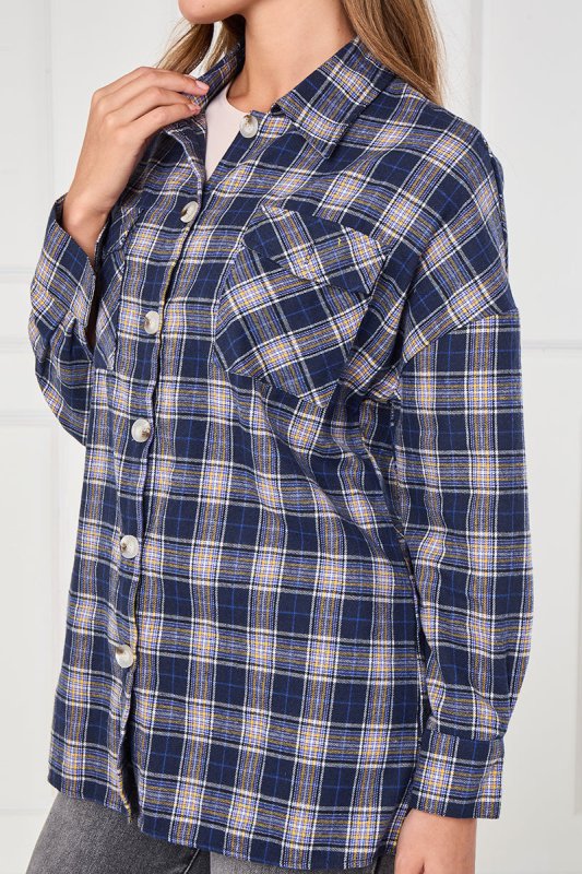 Navy Checkered Button - Up Shirt – Casual Oversized - blouse - British D'sire