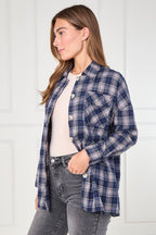 Navy Checkered Button - Up Shirt – Casual Oversized - blouse - British D'sire