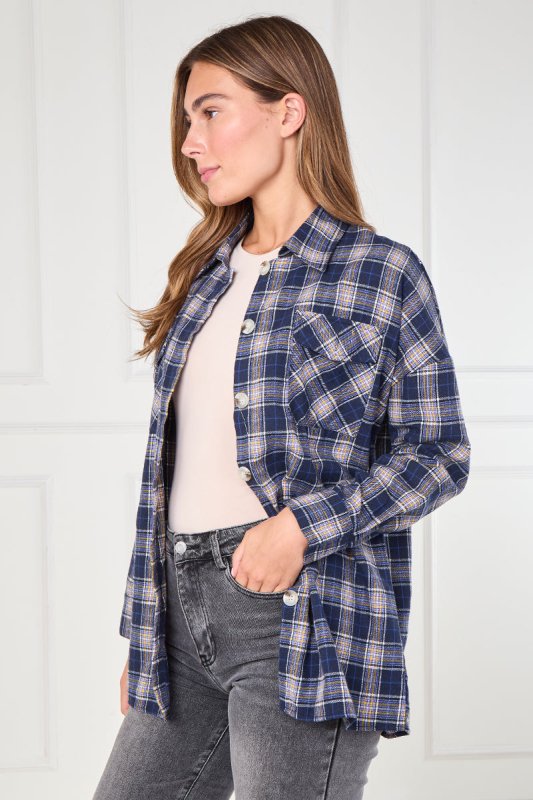 Navy Checkered Button - Up Shirt – Casual Oversized - blouse - British D'sire