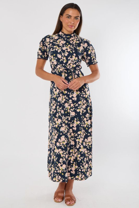 Navy Floral Maxi Dress – Short Sleeve - Dresses - British D'sire