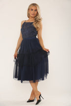 Navy Lace & Mesh Tiered Midi Dress – Elegant Occasionwear - Dresses - British D'sire