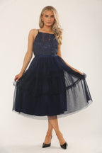 Navy Lace & Mesh Tiered Midi Dress – Elegant Occasionwear - Dresses - British D'sire