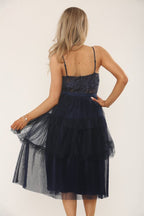 Navy Lace & Mesh Tiered Midi Dress – Elegant Occasionwear - Dresses - British D'sire