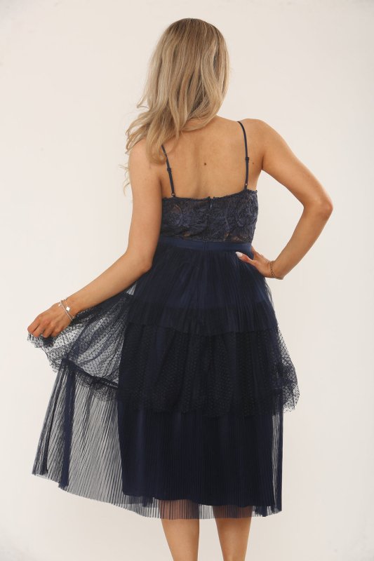 Navy Lace & Mesh Tiered Midi Dress – Elegant Occasionwear - Dresses - British D'sire