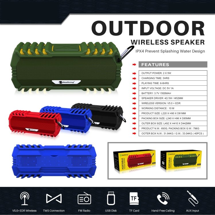 NewRixing NR - 5015 Outdoor Portable Bluetooth Speakerr with Hook, Support Hands - free Call / TF Card / FM / U Disk(Black) - British D'sire