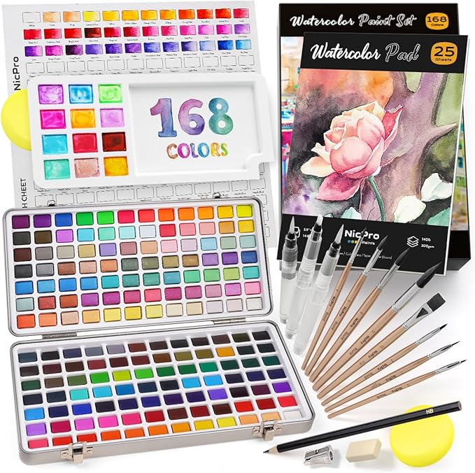 Nicpro 168 Colors Watercolour Paint Set include Metallic Macaron Candy ...