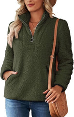 Nilimoph Womens Fleece Jumper Fluffy Pullover Teddy Fleece Sweatshirts Casual Top Fuzzy 1/4 Zip Up Long Sleeve Stand Collar Cozy Coat Tops with Pockets - Women's Hoodies & Sweatshirts - British D'sire