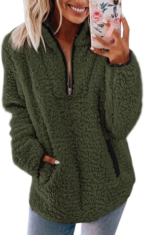 Nilimoph Womens Fleece Jumper Fluffy Pullover Teddy Fleece Sweatshirts Casual Top Fuzzy 1/4 Zip Up Long Sleeve Stand Collar Cozy Coat Tops with Pockets - Women's Hoodies & Sweatshirts - British D'sire Main image