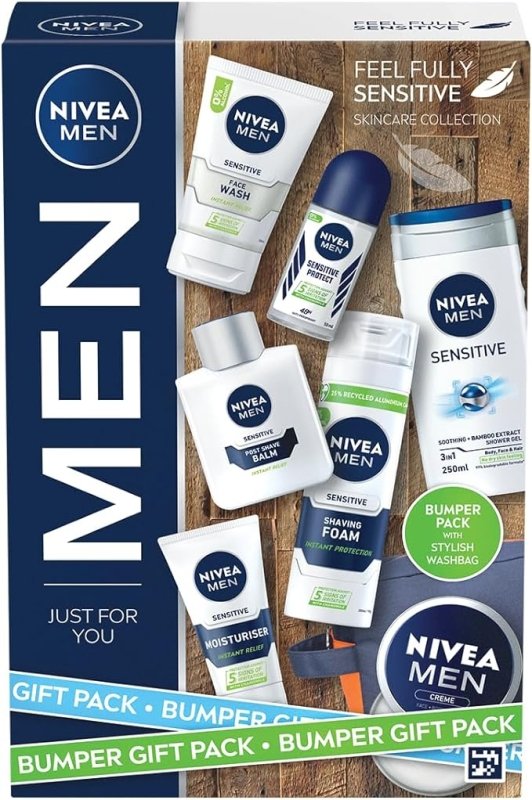 NIVEA MEN Feel Fully Sensitive Skincare Collection Bumper Gift Pack, with Shower Gel, Anti-Perspirant, Face Wash, Shaving Foam, Post Shave Balm and Moisturisers - British D'sire