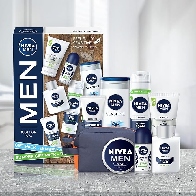 NIVEA MEN Feel Fully Sensitive Skincare Collection Bumper Gift Pack, with Shower Gel, Anti-Perspirant, Face Wash, Shaving Foam, Post Shave Balm and Moisturisers - British D'sire Main image