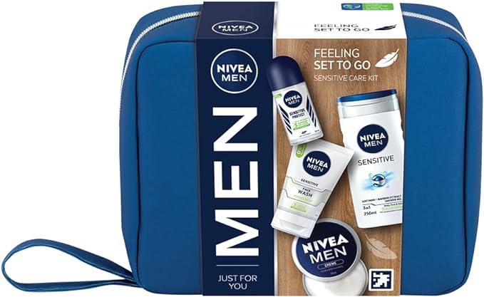 NIVEA MEN Feeling Set To Go Sensitive Care Kit Gift, Includes Face Wash, Shower Gel, Anti-Perspirant and Moisturiser, Men's Skincare - British D'sire Main image