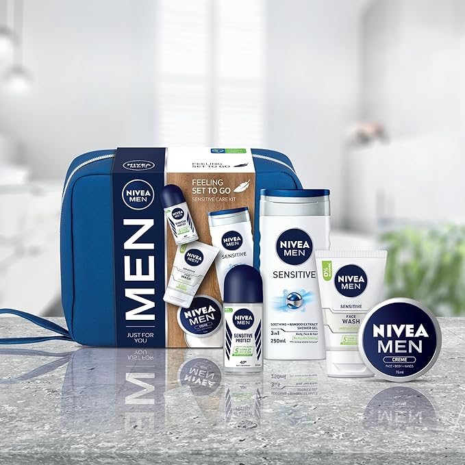 NIVEA MEN Feeling Set To Go Sensitive Care Kit Gift, Includes Face Wash, Shower Gel, Anti-Perspirant and Moisturiser, Men's Skincare - British D'sire