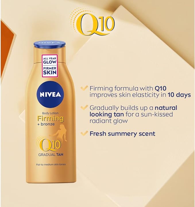 NIVEA Q10 Firming + Radiance Gradual Tan (200 ml), Tan Activating Firming Cream with Q10, Supports a Gradual Tan, Tanning Moisturiser for a Sun-Kissed Radiant Glow - British D'sire
