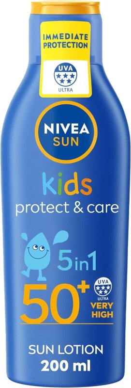 NIVEA Sun Kids Protect & Care SPF 50+ Lotion (200ml), Moisturising Sun Cream Protects Delicate Skin Against Sunburn and Long-Term UV Damage, Fast-Absorbing Sun Lotion - British D'sire Main image