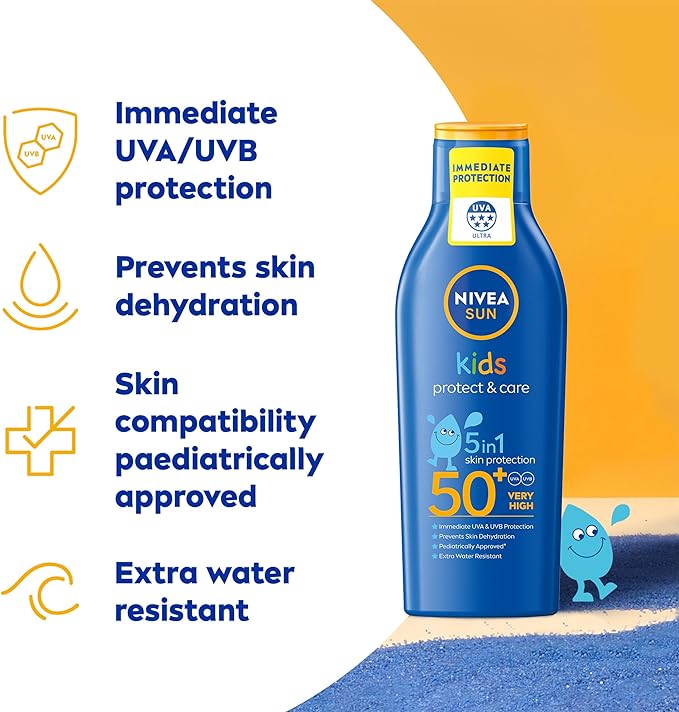 NIVEA Sun Kids Protect & Care SPF 50+ Lotion (200ml), Moisturising Sun Cream Protects Delicate Skin Against Sunburn and Long-Term UV Damage, Fast-Absorbing Sun Lotion - British D'sire