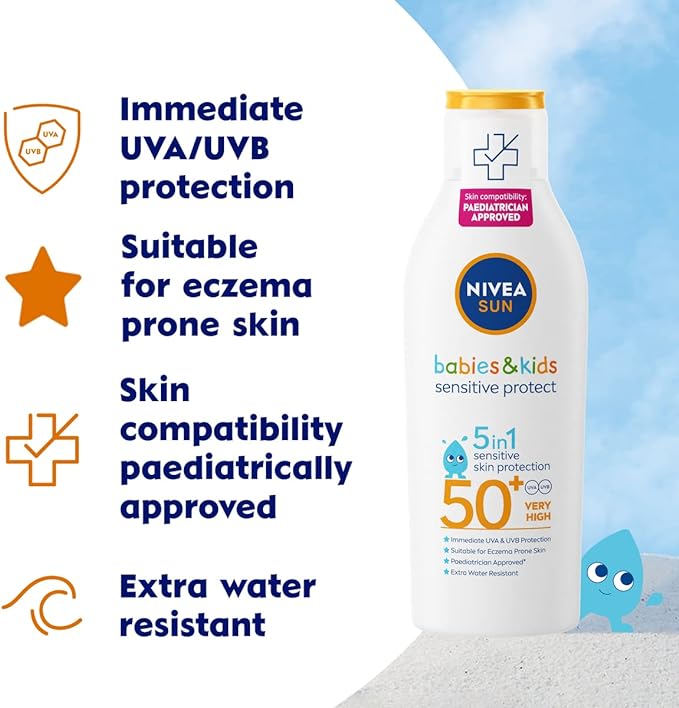 NIVEA SUN Kids Protect & Sensitive Sun Lotion (200ml) Sunscreen with SPF 50+, Kids Suncream for Sensitive Skin, Immediately Protects Against Sun Exposure - British D'sire