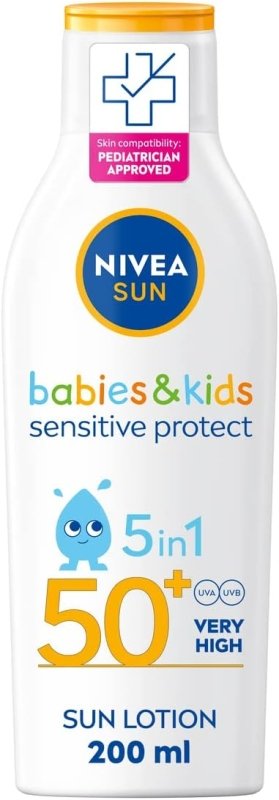 NIVEA SUN Kids Protect & Sensitive Sun Lotion (200ml) Sunscreen with SPF 50+, Kids Suncream for Sensitive Skin, Immediately Protects Against Sun Exposure - British D'sire Main image