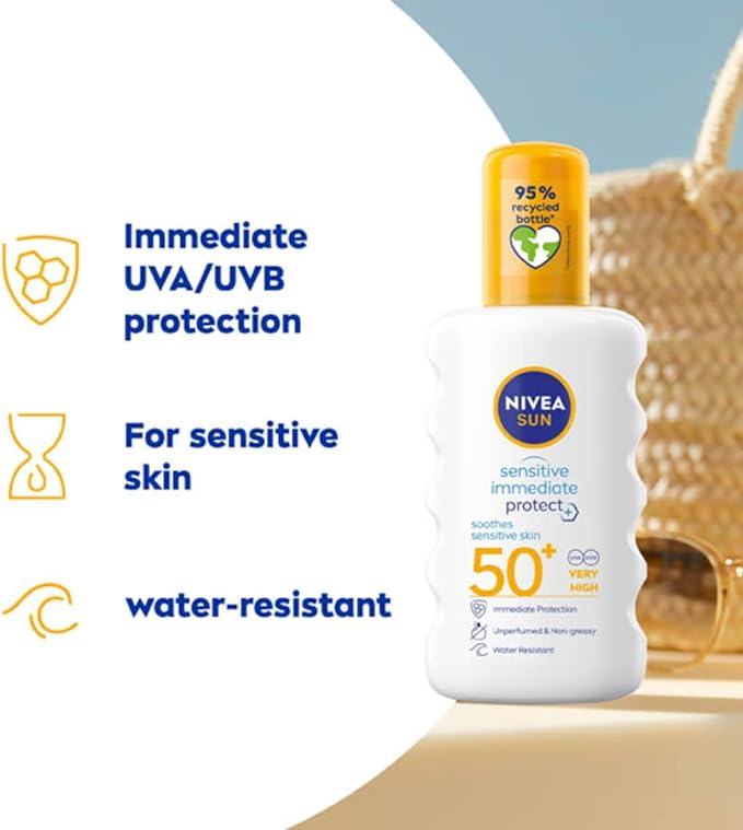 NIVEA SUN Protect and Sensitive Sun Spray (200 ml), Sunscreen with SPF50, Suncream for Sensitive Skin with Aloe Vera, Immediately Protects Against Sun Exposure - British D'sire