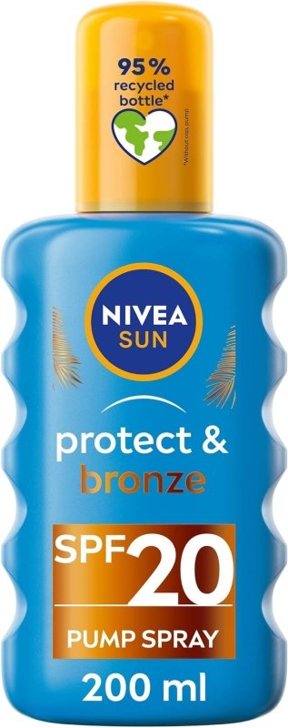 NIVEA SUN Protect & Bronze Sun Spray SPF20 (200ml), Bronzing Tanning Lotion Spray with SPF20, Advanced Suncream Protection, Natural Pro-Melanin Extract - British D'sire Main image
