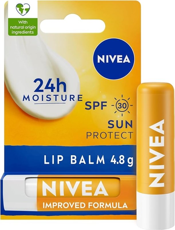 NIVEA Sun Protect Caring Lip Balm (4.8g), Lip Balm with Shea Butter and SPF 30, Protects Against UVA/UVB Rays with 24H Moisture, Lip Care - British D'sire Main image