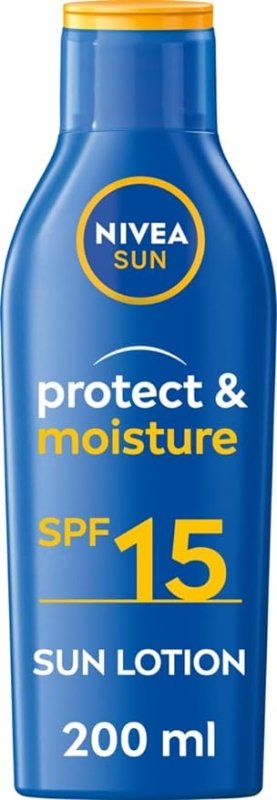 NIVEA SUN Protect & Moisture Sun Lotion SPF 15 (200 ml), Suncream with Vitamin E, Provides 48 Hour Moisture and Immediate UVA & UVB Protection - British D'sire Main image