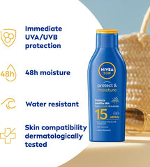 NIVEA SUN Protect & Moisture Sun Lotion SPF 15 (200 ml), Suncream with Vitamin E, Provides 48 Hour Moisture and Immediate UVA & UVB Protection - British D'sire