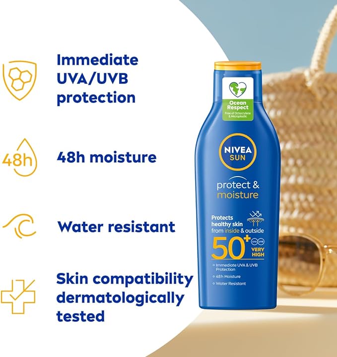 NIVEA SUN Protect & Moisture Sun Lotion SPF 50+ (200 ml), Suncream with Vitamin E, Provides 48H Moisture & Immediate UVA & UVB Protection - British D'sire