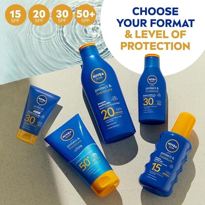 NIVEA SUN Protect & Moisture Sun Lotion SPF 50+ (200 ml), Suncream with Vitamin E, Provides 48H Moisture & Immediate UVA & UVB Protection - British D'sire