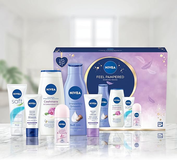 NIVEA Women's Feel Pampered Skincare Regime Gift Set, Includes Shower Cream, Anti-Perspirant, Body Lotion, Moisturising Day and Night Cream - British D'sire Main image