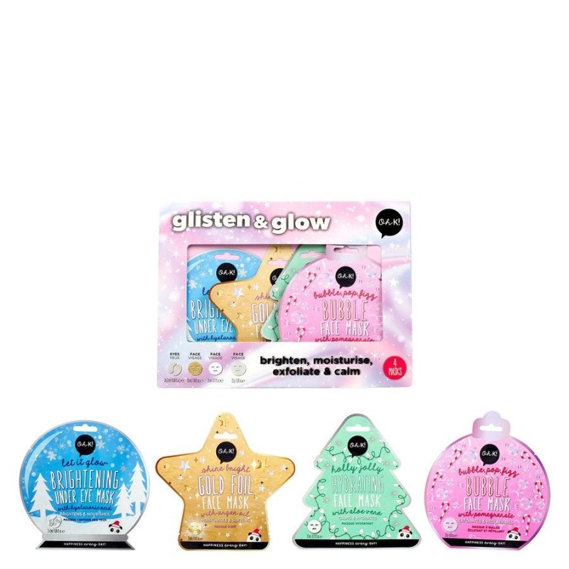 Oh K! Glisten & Glow Set – 4 Holiday Face Masks with Gold Foil, Hydrating, Bubble & Brightening Effects Secondary image