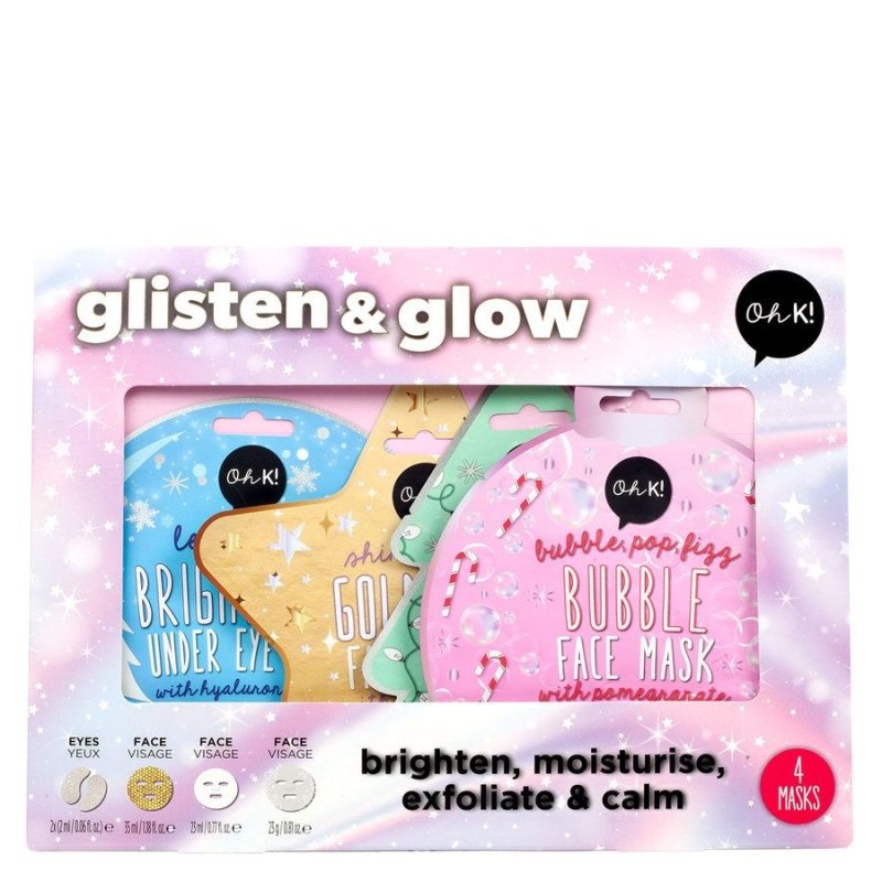 Oh K! Glisten & Glow Set – 4 Holiday Face Masks with Gold Foil, Hydrating, Bubble & Brightening Effects - Face masks bundles - British D'sire Main image