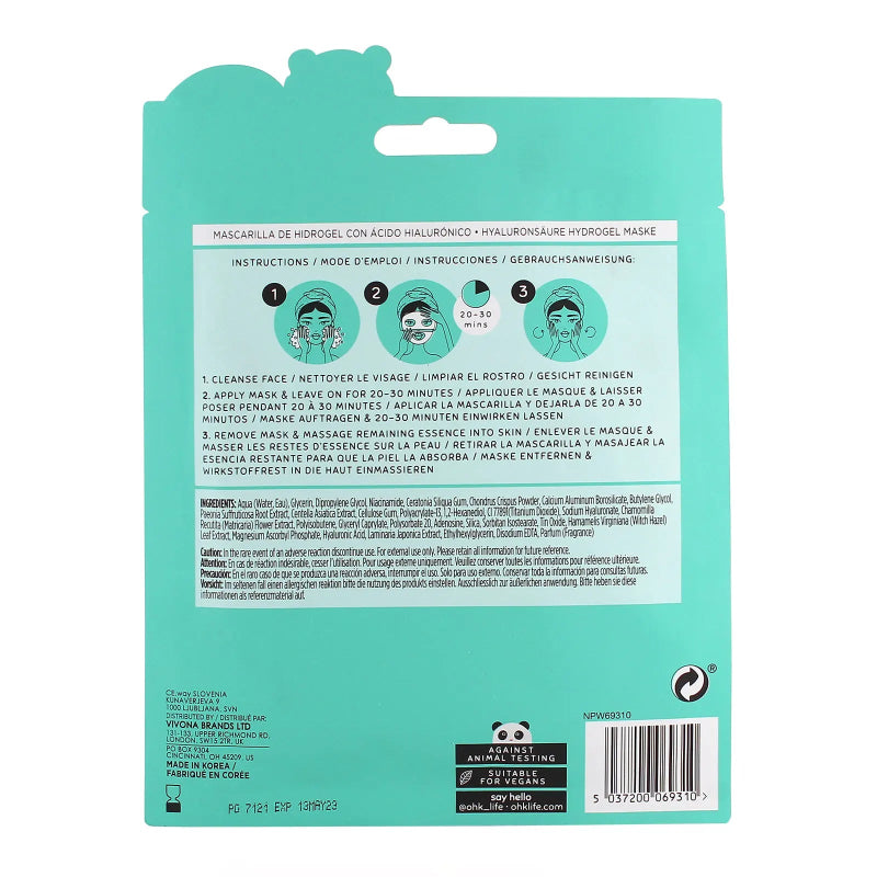 Oh K! Hyaluronic Sheet Mask, for Dry and Dehydrated Skin, Plumping and Smoothing Effect, Vegan and Cruelty Free, 40g - Hydrogel Mask - British D'sire