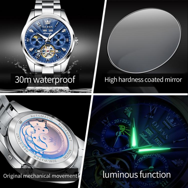 OLEVS 7028 Men Multifunctional Luminous Waterproof Mechanical Watch(Blue) - British D'sire