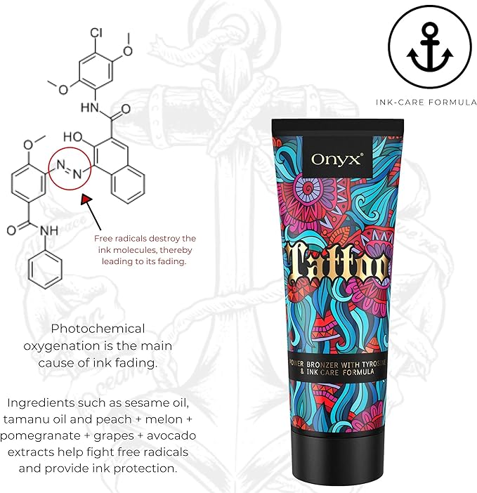 Onyx Tattoo Sunbed Cream with Ink Care Formula - Tanning Moisturiser for Tattoo Aftercare - Sunbed Cream with Bronzer and Accelerator - British D'sire