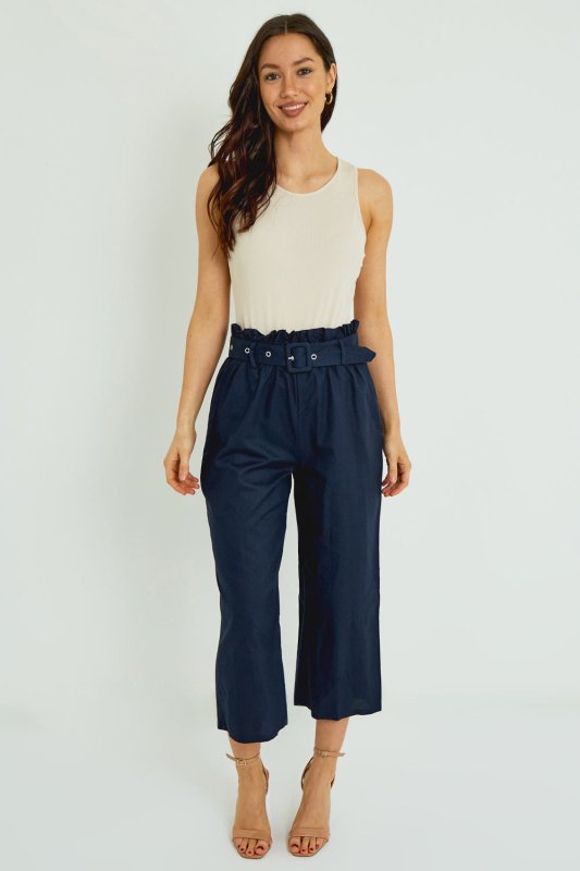 Organic Cotton Paper Bag Waist Trousers – Navy - Trouser - British D'sire Main image