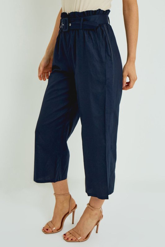 Organic Cotton Paper Bag Waist Trousers – Navy - Trouser - British D'sire