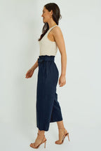 Organic Cotton Paper Bag Waist Trousers – Navy - Trouser - British D'sire