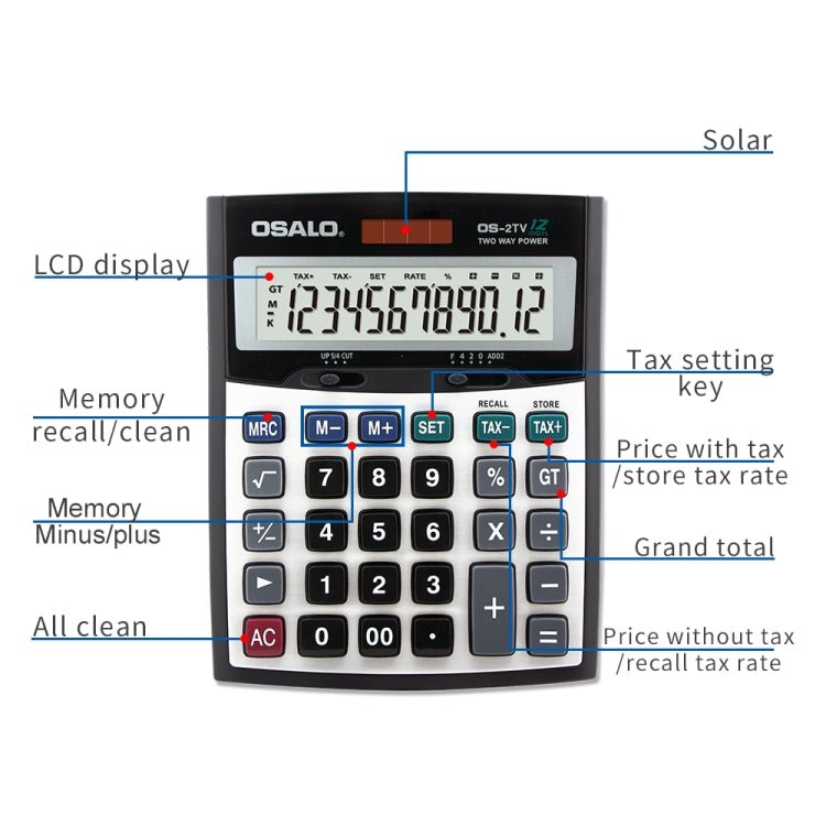 OSALO OS - 2TV 12 Digits Desktop Tax Rate Calculator Solar Energy Dual Power Calculator - British D'sire