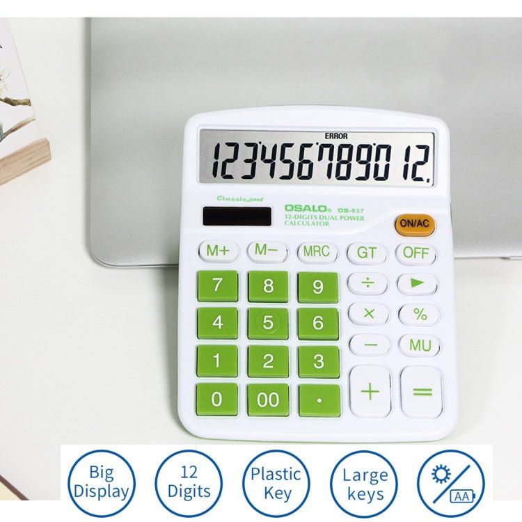 OSALO OS - 837VC 12 Digits Colorful Desktop Calculator Solar Energy Dual Power Calculator(Green) - British D'sire