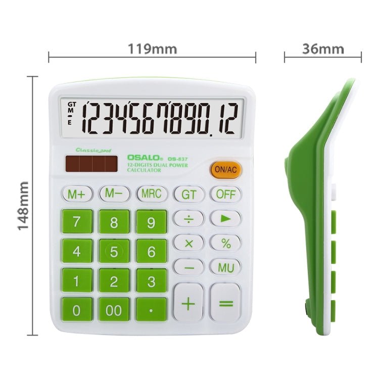 OSALO OS - 837VC 12 Digits Colorful Desktop Calculator Solar Energy Dual Power Calculator(Green) - British D'sire